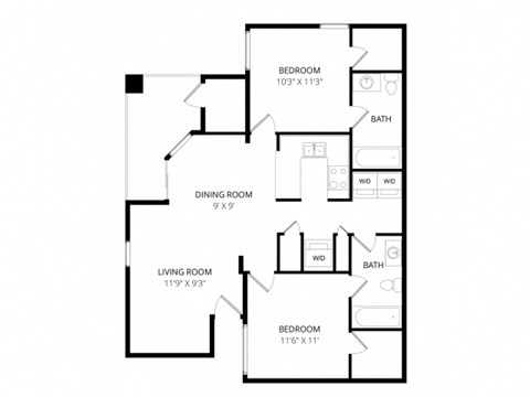 Floor plan for 2 beds, 2 baths, 952 sqft